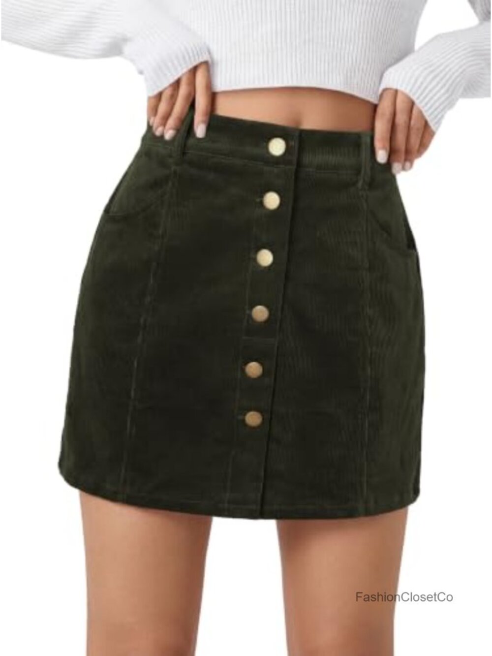 Women's Corduroy Mini Skirt High Waisted A-Line Button Front with Pockets